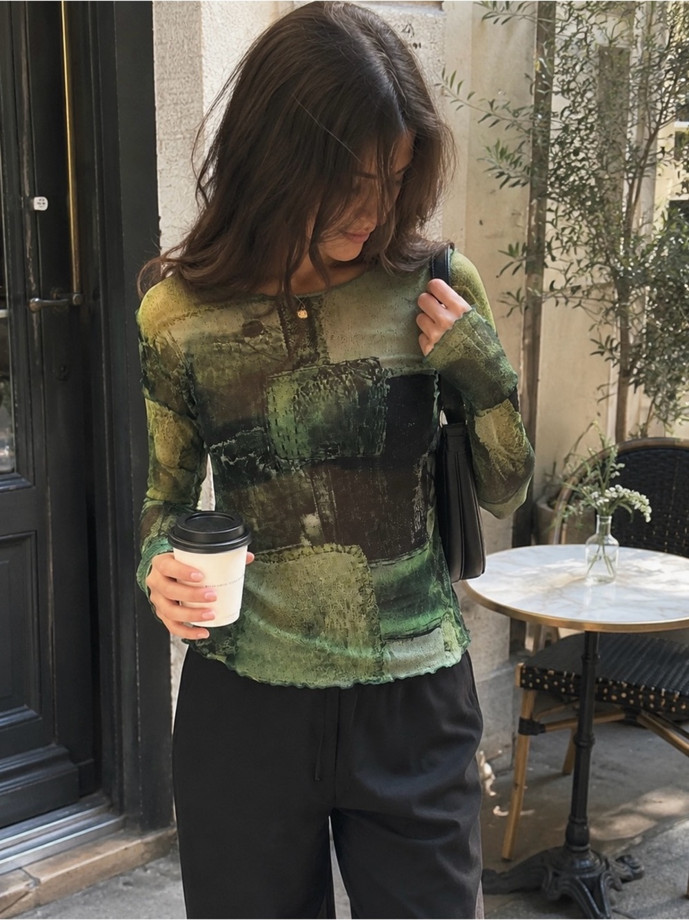 PrettyLittleThing Green Mesh Grunge Print Sheer Top NWT US 10